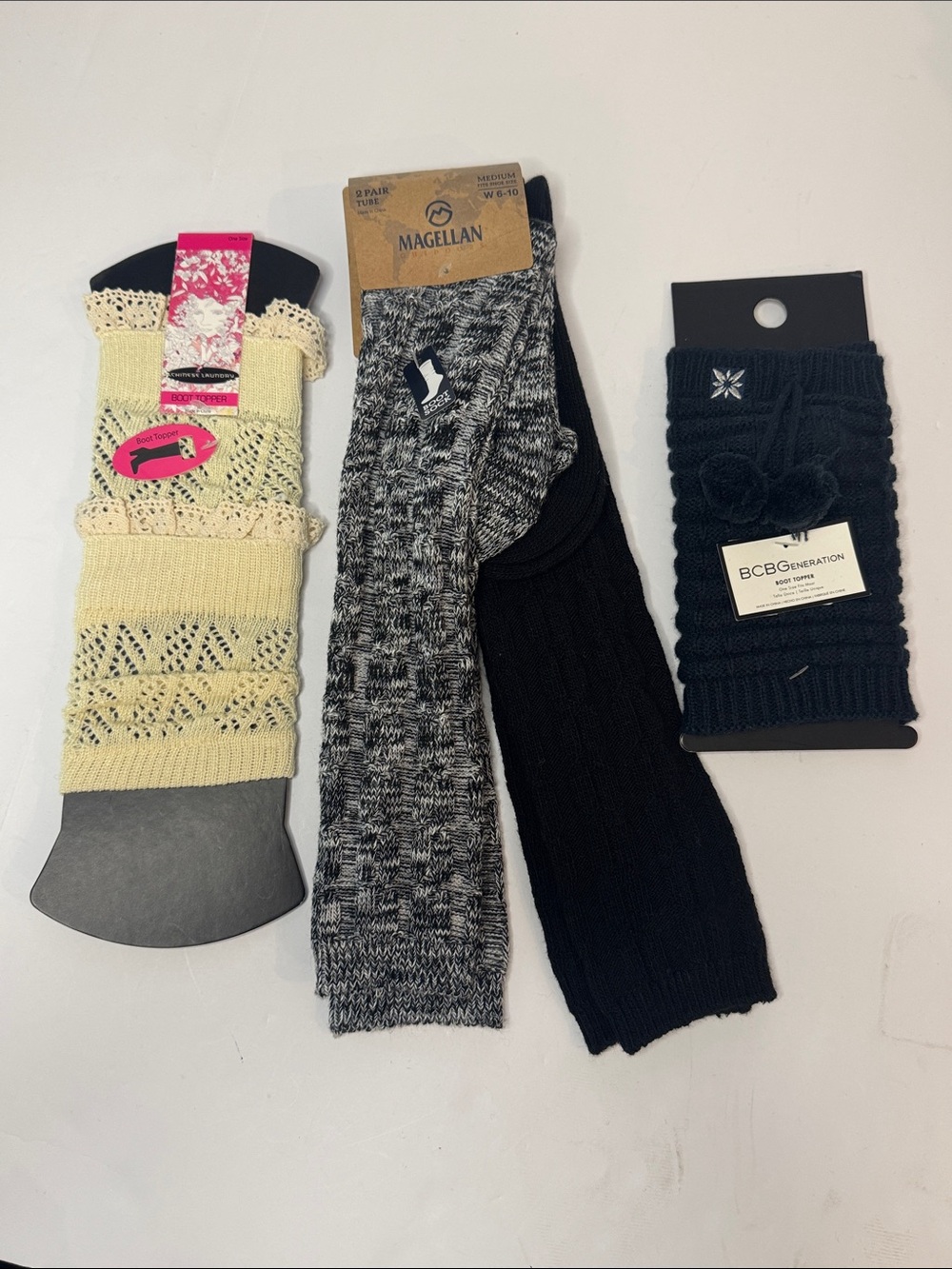 Assorted Knit Boot Toppers & Boot Socks- Black, Black & White, and Cream